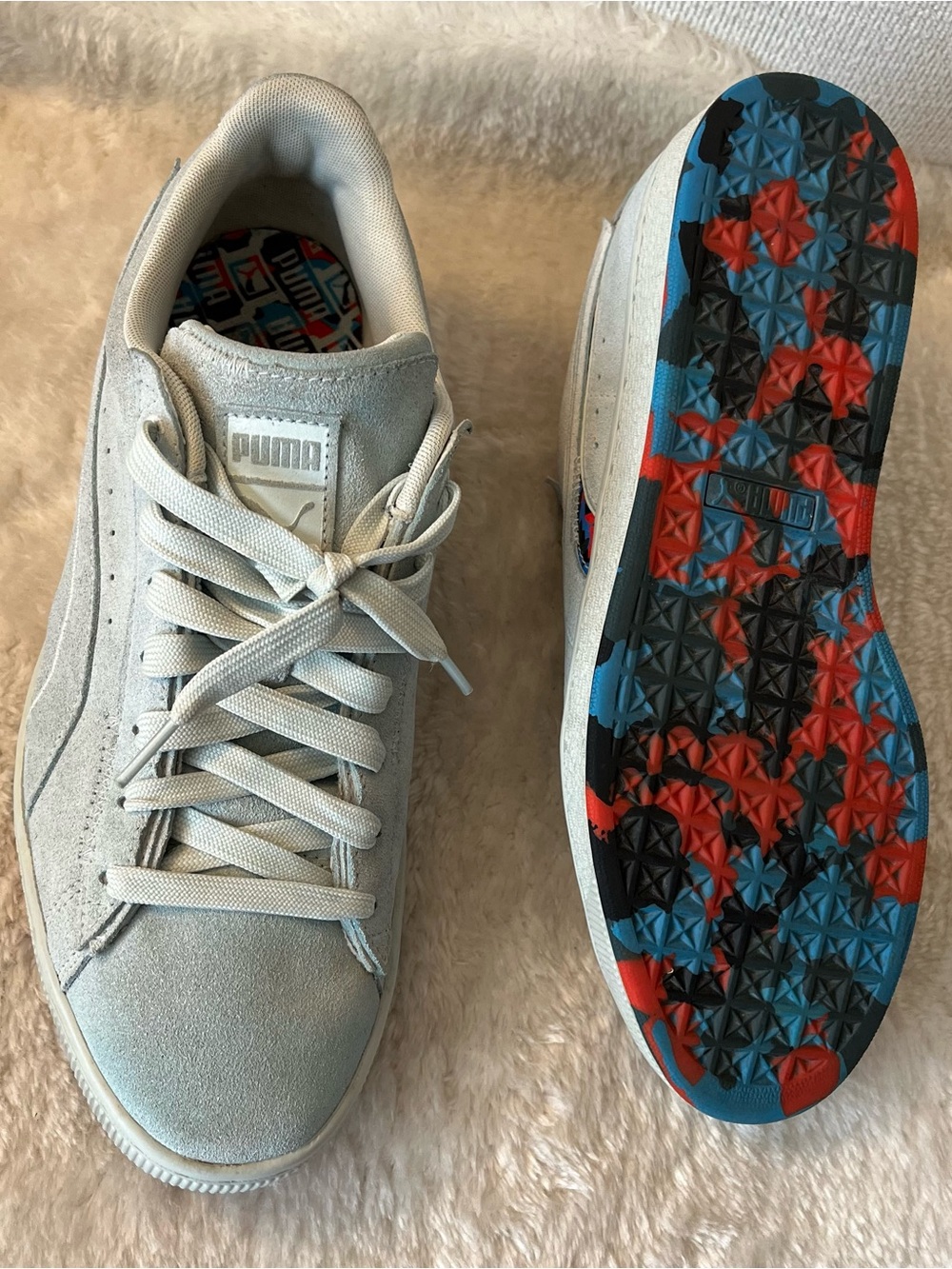 Puma Men’s Low-Top Suede Sneakers - Light Gray with Multicolor Sole